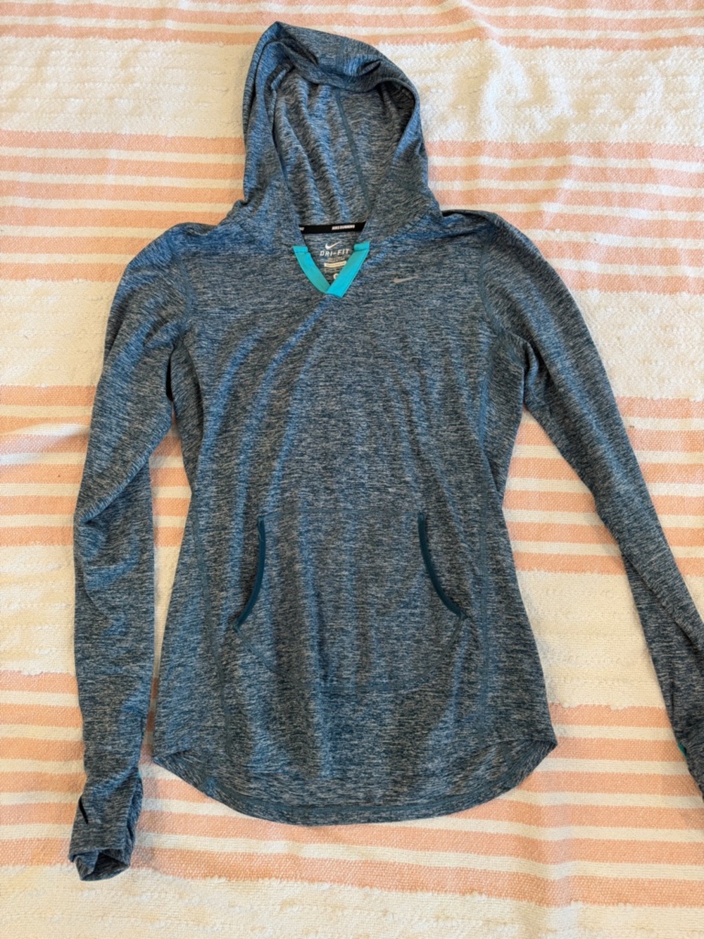 Nike Heathered Blue-Gray Dri-FIT Hooded Long Sleeve Top with Teal Trim
